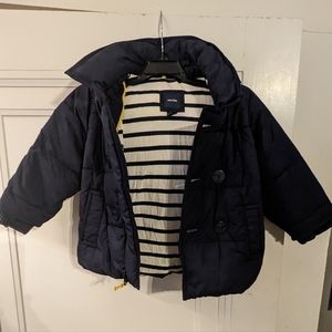 Baby Gap blue puffer pea coat jacket with removable hood, size 18-24 months